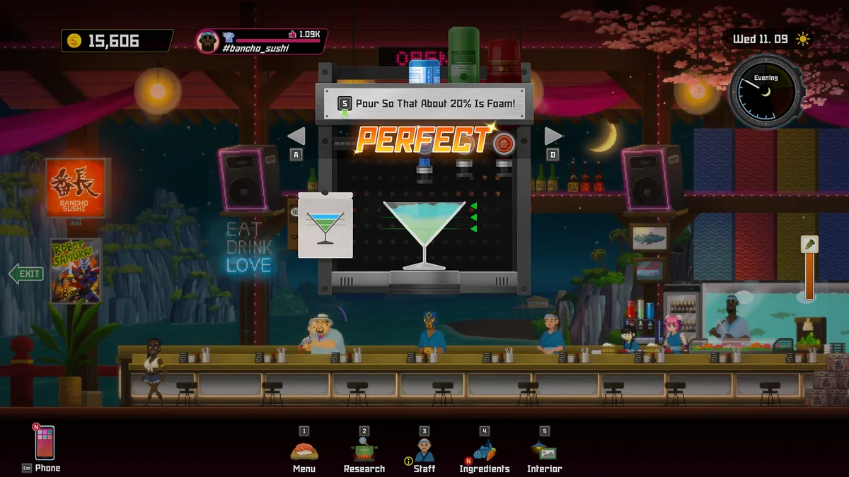Bancho Sushi's night service in the Dave the Diver base game, staff and customers lined along a single sushi counter under neon signs