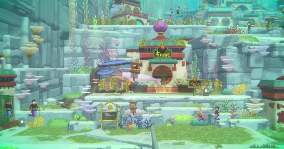 Colorful Sea People Village with layered underwater terraces, coral gardens, and a central red-roofed building