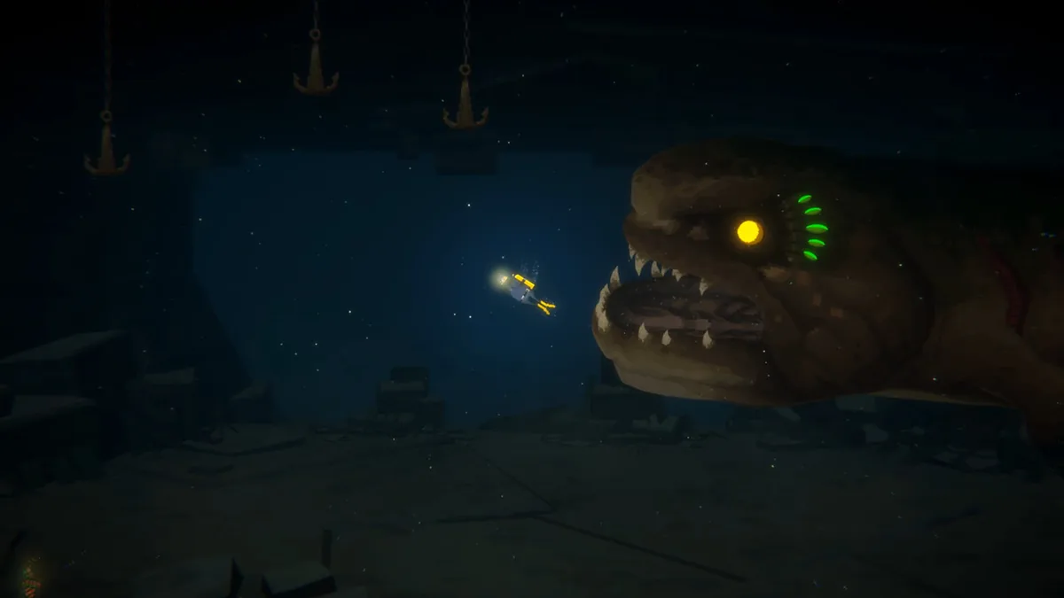 A huge dark fish with glowing green gills faces Dave's yellow diving suit in deep water