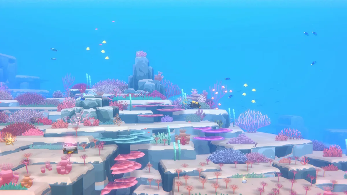 Dave swims through bright blue water above layered coral shelves and small schools of fish