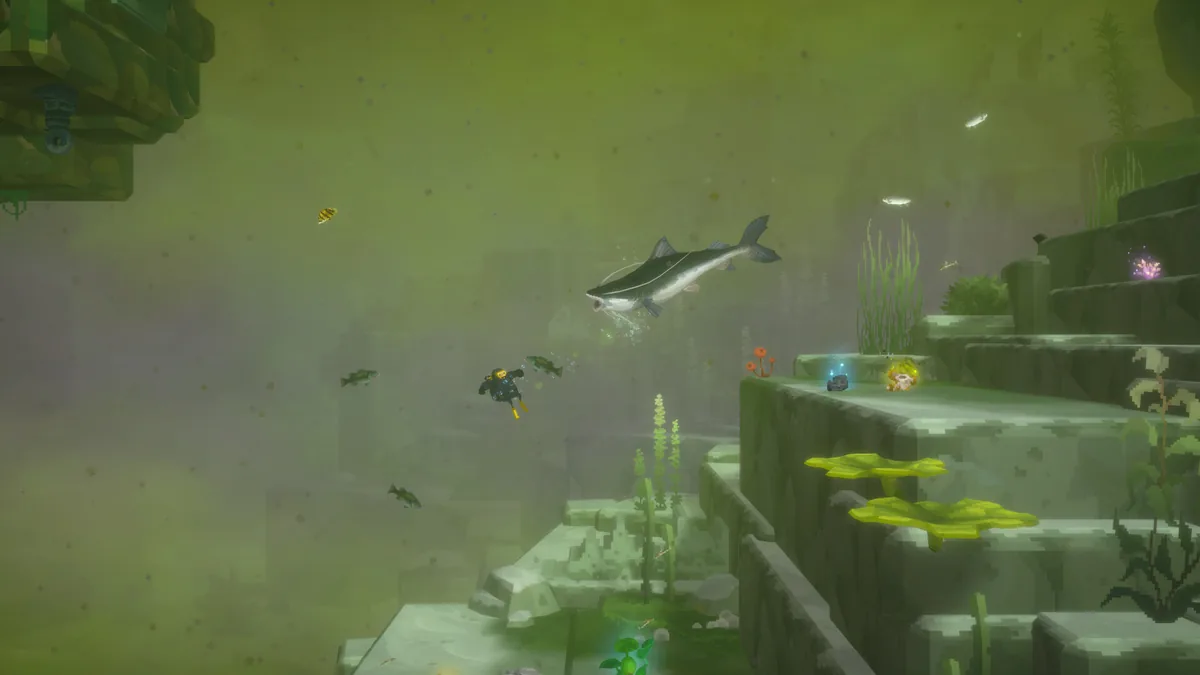 Dave the Diver diving suit swimming near a large gray catfish-type fish in a murky green underwater lake with stone terraces and small fish nearby