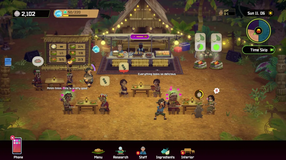 Dave the Diver nighttime Bancho Sushi restaurant scene at Utara Village with a VIP guest badge, order tickets, and villagers seated at outdoor tables