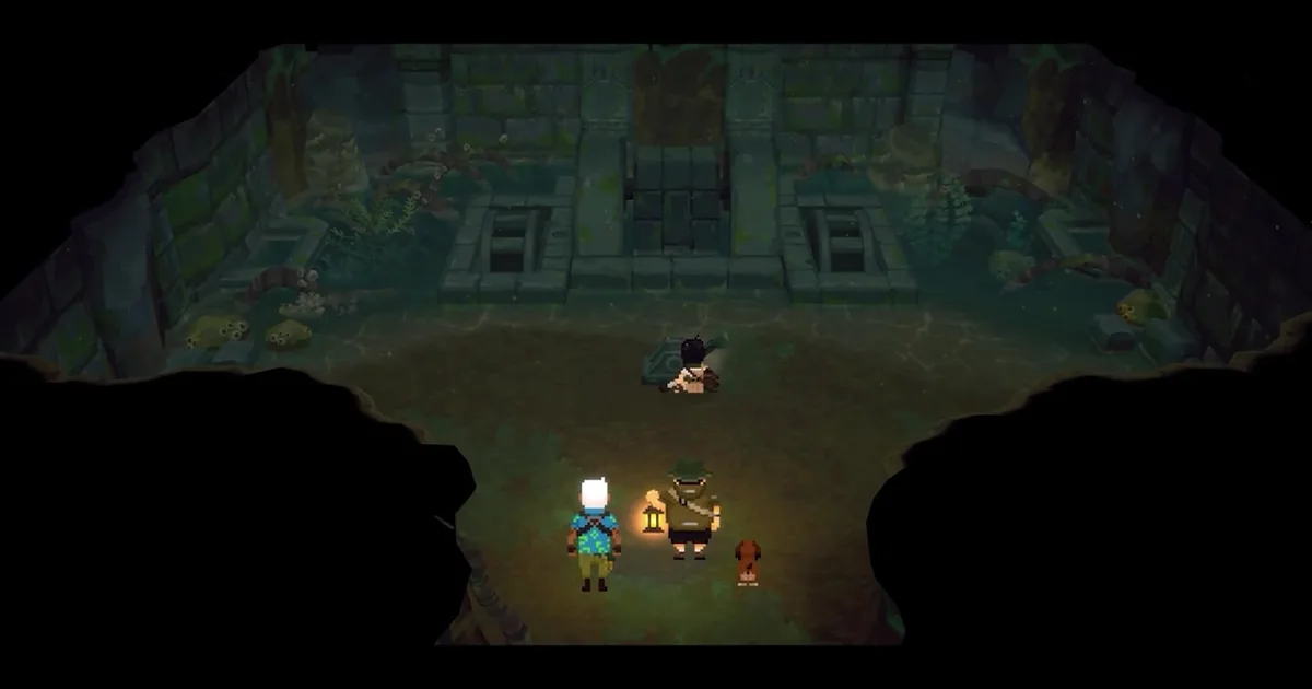 Three explorers, one holding a lit lantern, approach a large moss-covered stone temple structure inside Murau Temple's dark underwater ruins