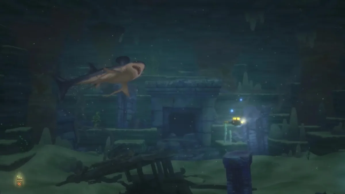 A shark glides past crumbling stone ruins and a glowing treasure chest in a dark underwater temple, a different creature from the same submerged biome Murau Temple's later rooms use