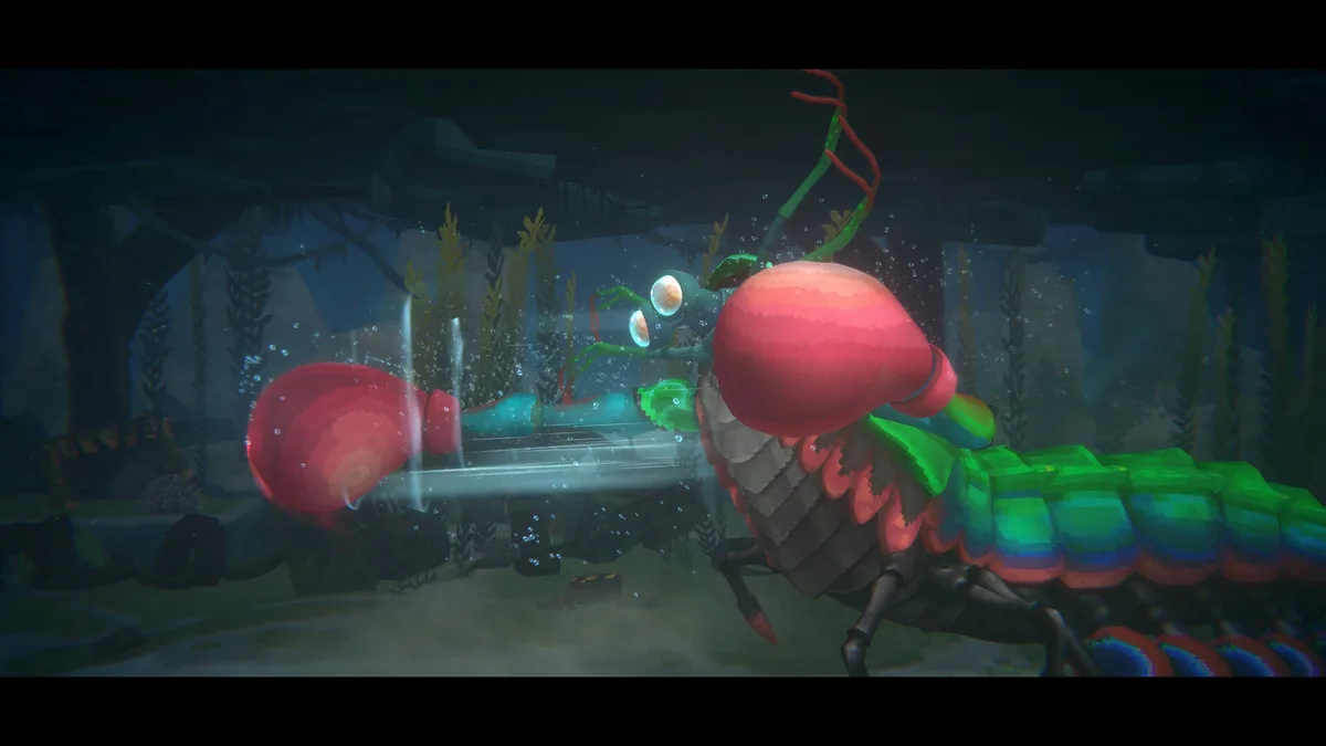A large mantis shrimp-like creature with oversized red boxing-glove claws striking at a small round-eyed sea creature in a kelp-lined underwater cave
