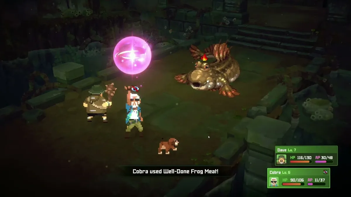 A glowing pink orb from Cobra using the Well-Done Frog Meat item near Dave as they face the Giant Goby boss, with a small dog companion nearby