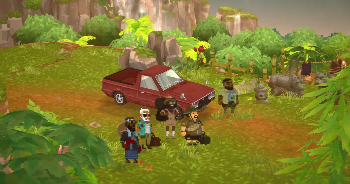 Dave and his crew standing beside a red pickup truck at the grassy edge of Utara Village, with cliffs and a waterfall behind them