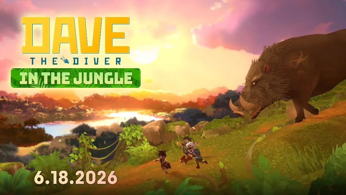 Official Dave the Diver In the Jungle key art, characters fleeing a giant boar down a jungle hillside at sunset with the June 18 2026 release date