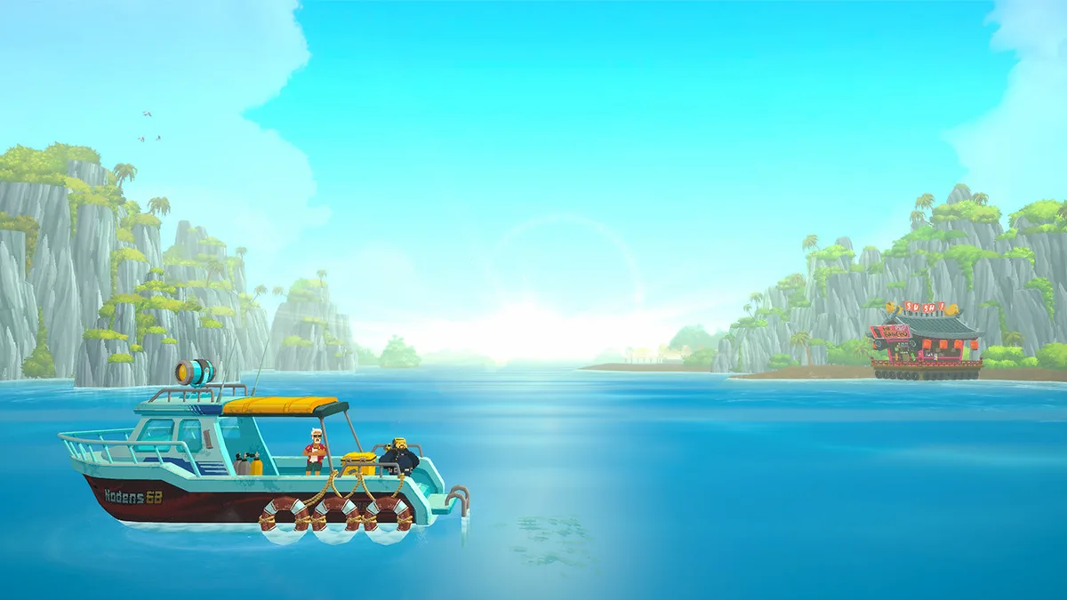 Dave's boat on open water in the base game, with the floating Bancho Sushi restaurant visible against limestone cliffs