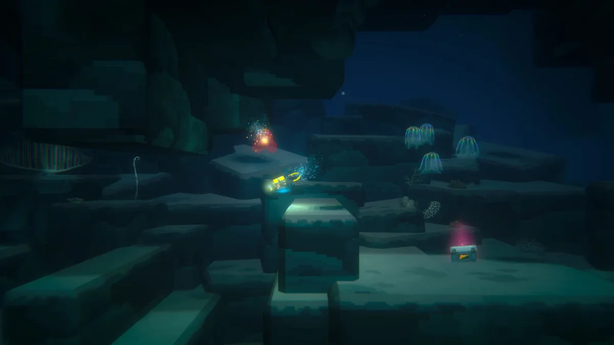 A collectible-lit treasure chest glowing on the seafloor near coral formations, with a diver and jellyfish creatures visible nearby