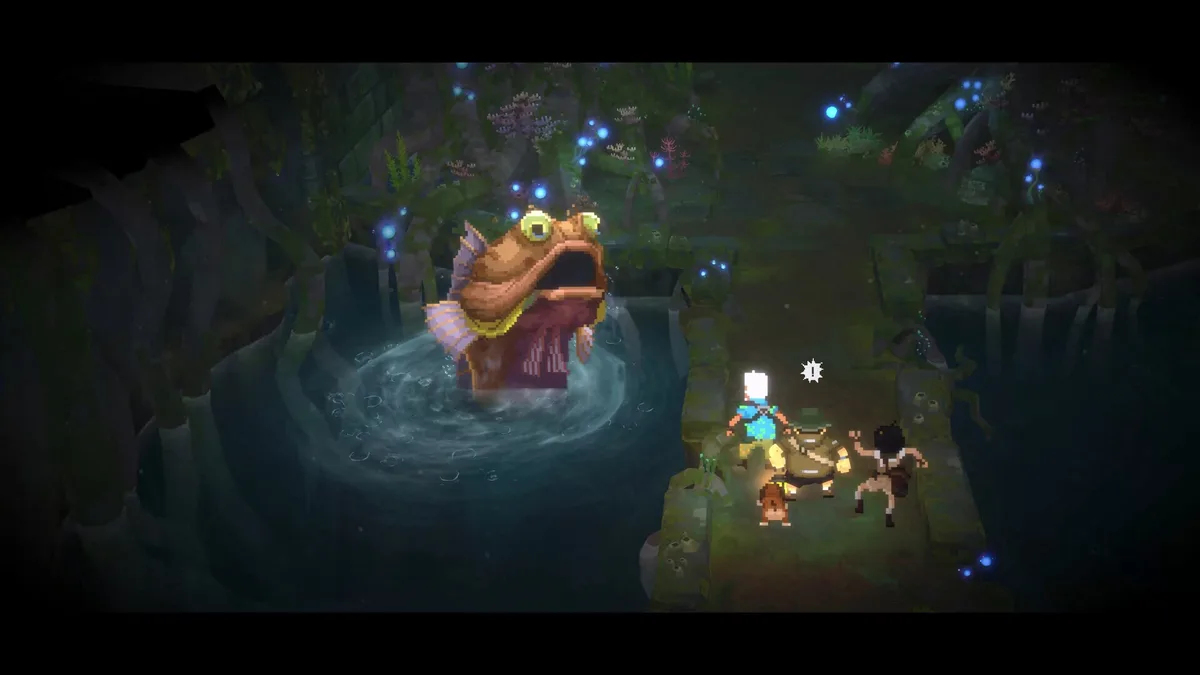 A large fish erupts from murky jungle water in front of Dave and two companions on a stone walkway, a pixel-art cutscene moment from the jungle DLC