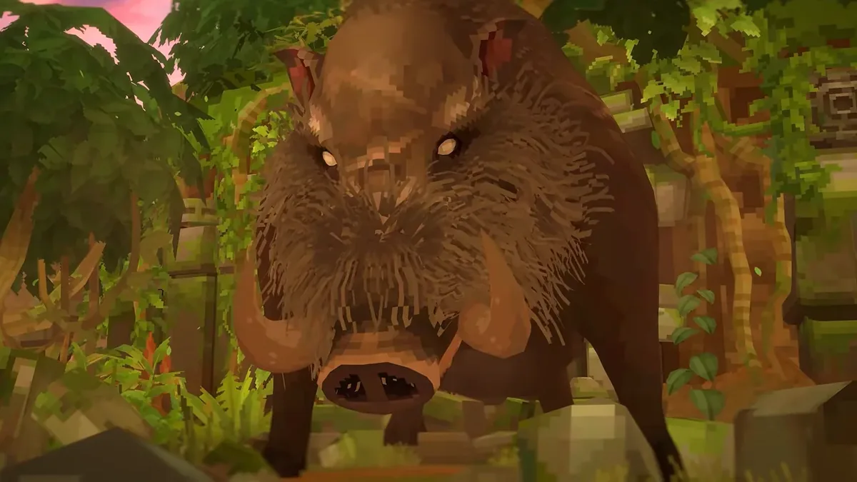 A giant wild boar with glowing eyes charges out of dust between jungle ruins