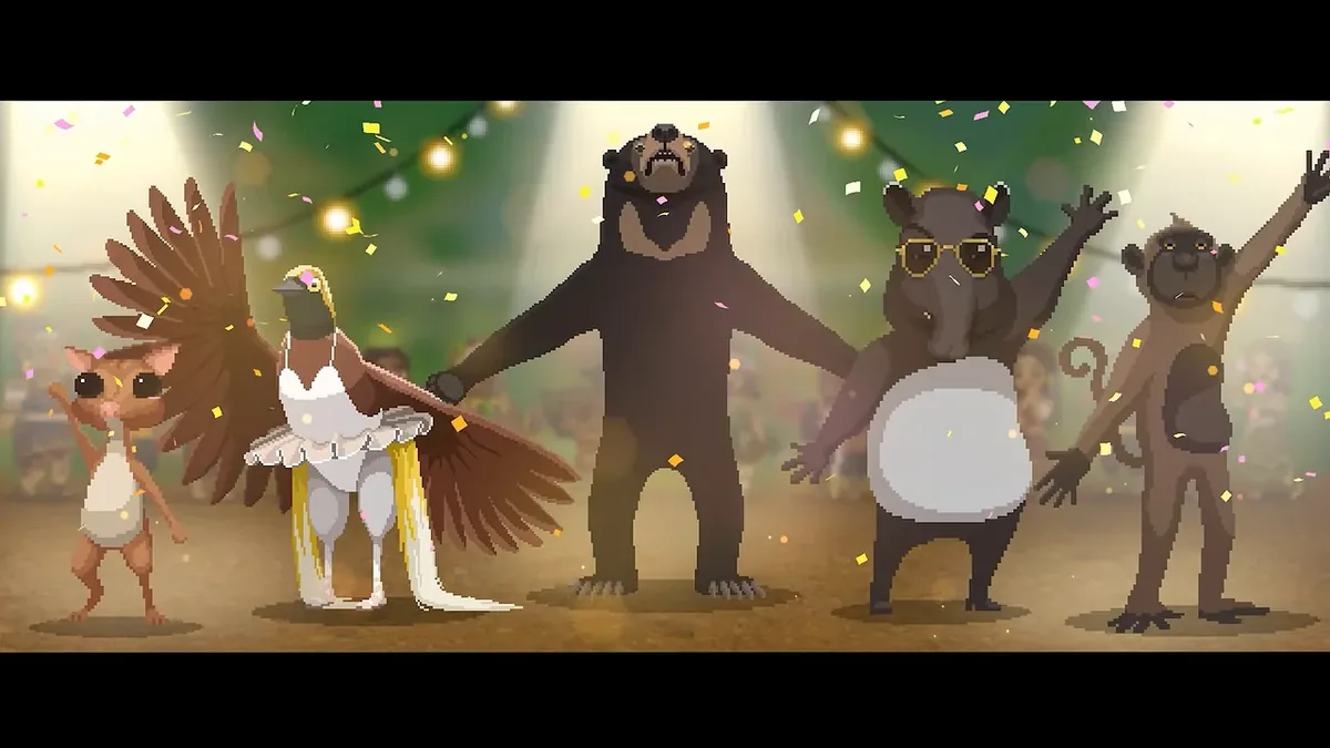 A bear, a monkey, a long-legged bird and a villager in sunglasses dance together under party lights