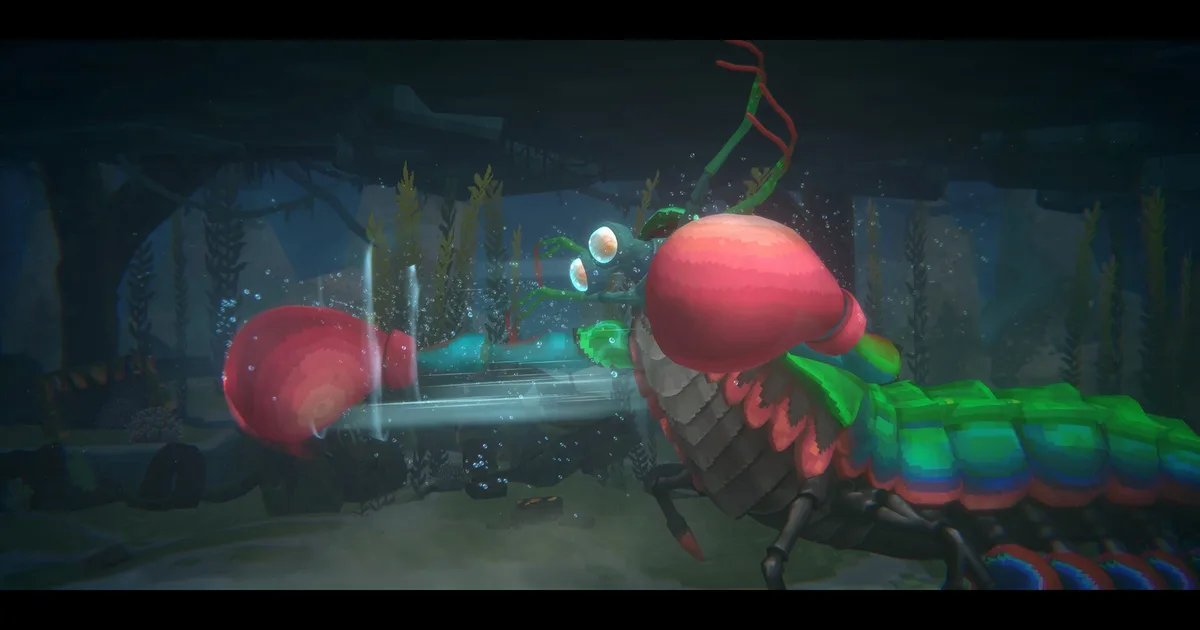 A diver locked in a claw-fighting encounter with a large armored crustacean creature in a dim underwater wreck, spray and motion blur visible