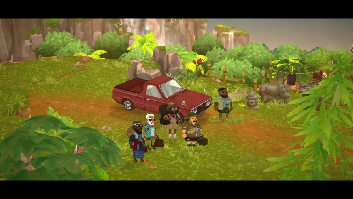 Four characters and a red pickup truck stand near a stone rhino statue at the edge of Utara Village, dense jungle foliage on both sides