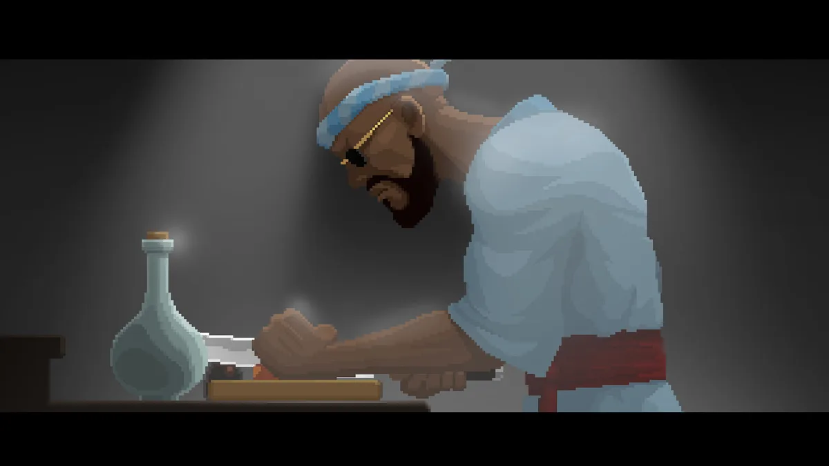 Bancho preparing food at a cutting board in a Dave the Diver cutscene, wearing his blue headband with a knife mid-chop