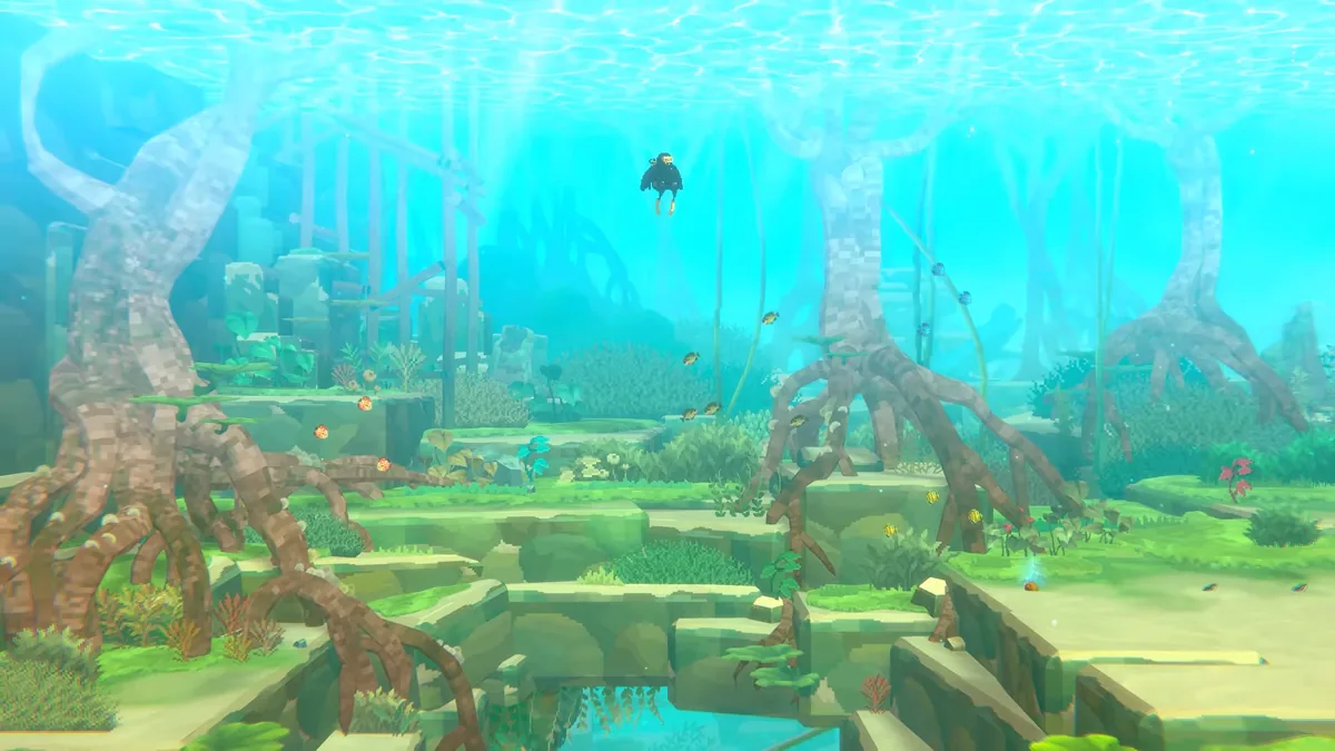 Dave swimming through a sunlit mangrove lake with stone ruins below in the Dave the Diver In the Jungle launch trailer