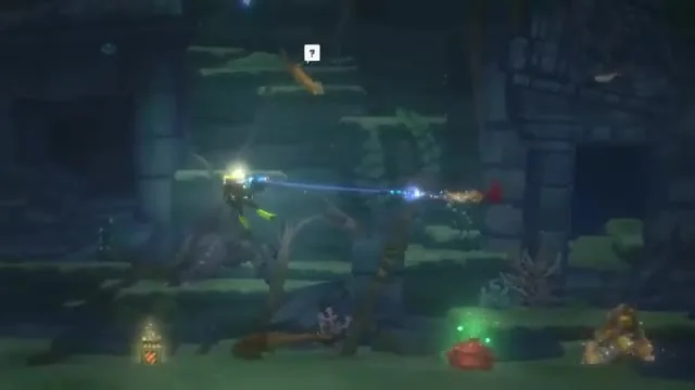A diver fires a beam weapon at a fleeing orange creature in dark underwater ruins, with an unidentified-creature marker floating above a separate fish nearby