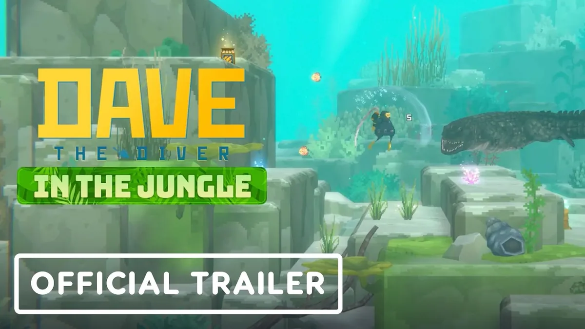 Official In the Jungle DLC key art showing a diver swimming near a large crocodile-like creature among submerged stone ruins