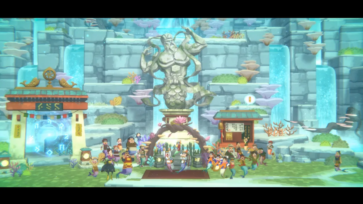 Underwater village ceremony in Dave the Diver's Blue Hole area, dozens of NPCs gathered near a stone gate and shrine with a waterfall backdrop