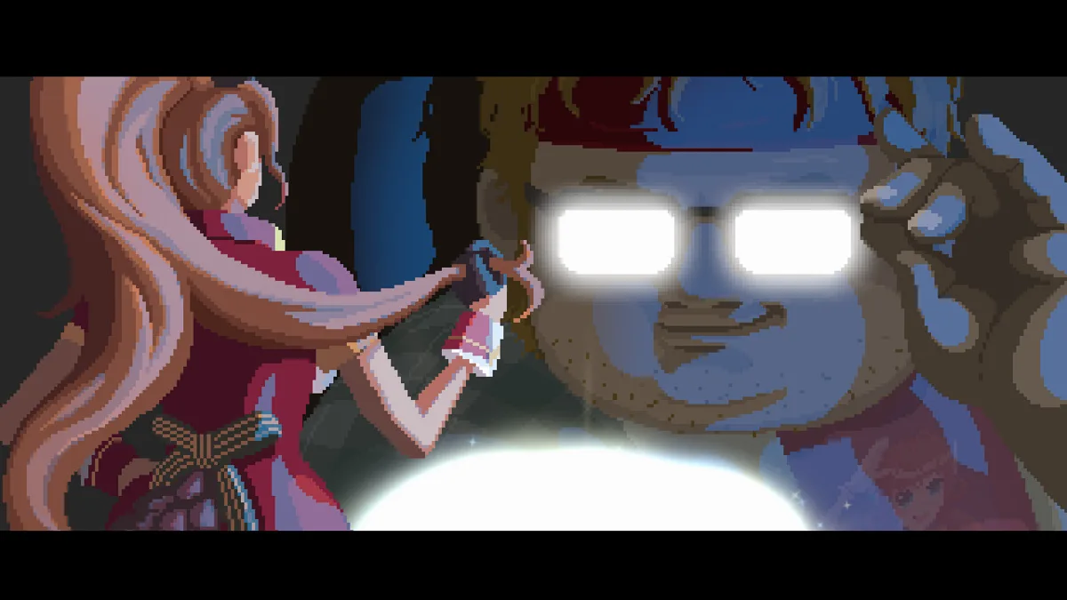 A story cutscene from Dave the Diver showing a character holding a glowing orb across from another character with luminous glasses, a personal moment distinct from the game's dive gameplay