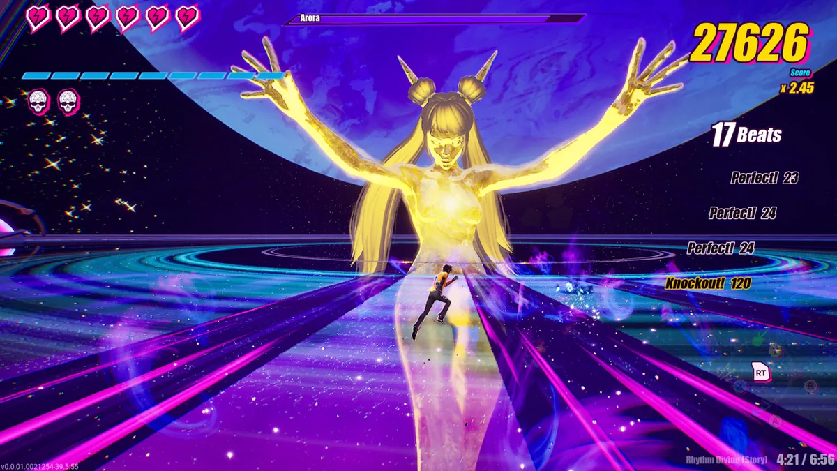 Dead as Disco neon brawl with Beat Kune Do on-beat strike indicator lit as a kick connects with an enemy