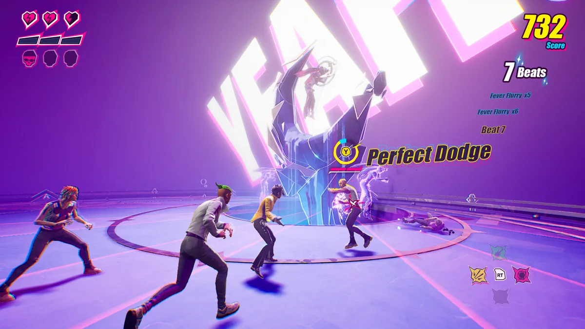 Dead as Disco Perfect Dodge callout: Charlie Disco in a yellow jacket slips past an enemy in a purple arena, with the score, beat counter and Fever Flurry combo text on the right