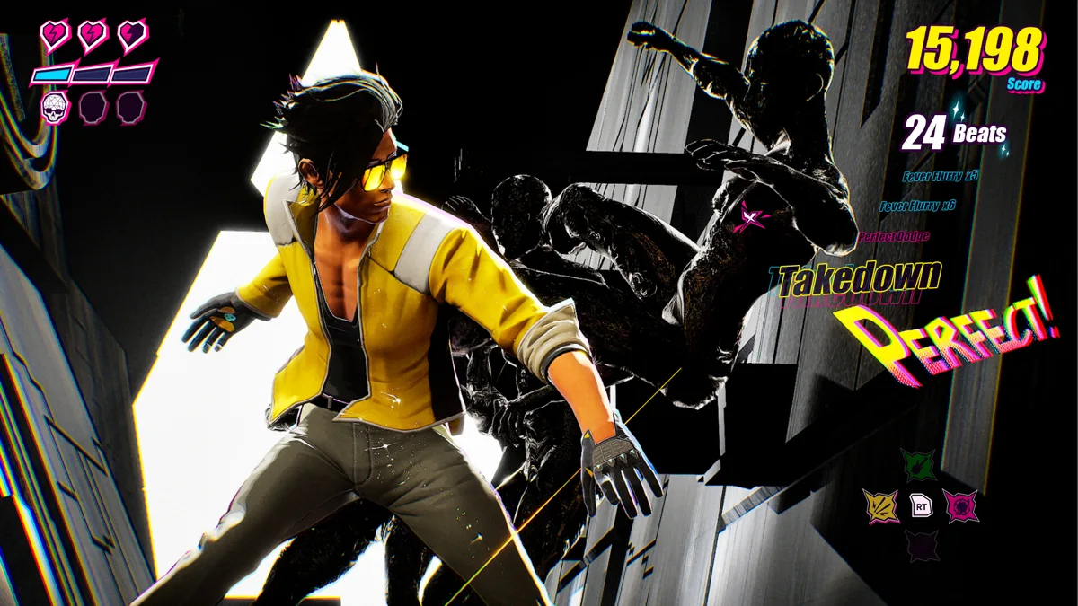 Dead as Disco Takedown Perfect callout: Charlie Disco poses in the foreground as a silhouetted enemy is launched behind him, score and beat count in the top right