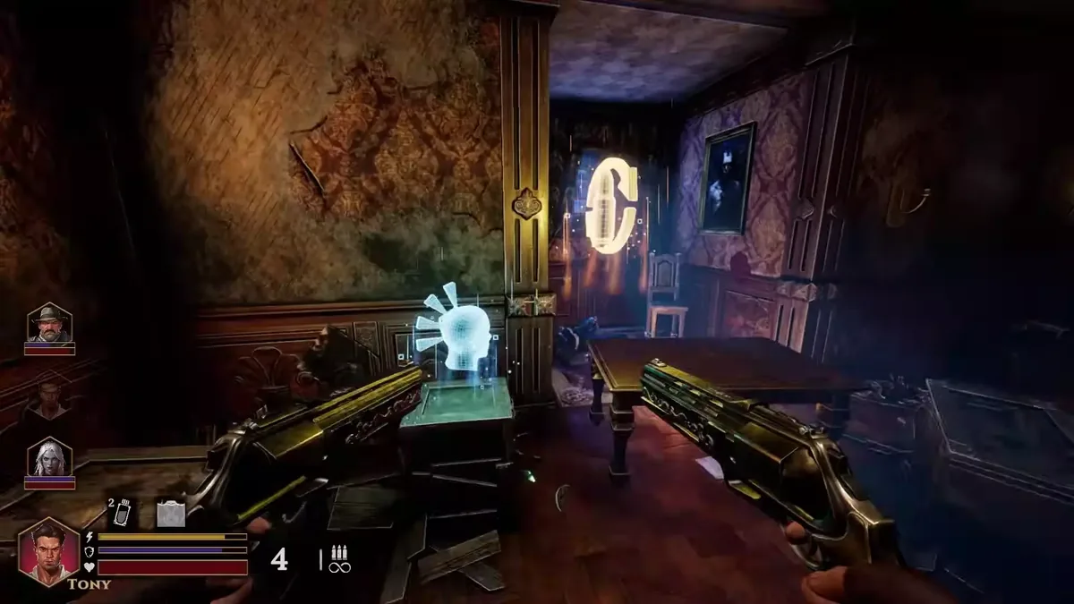 Tony holds two ornate revolvers beside a glowing blue pickup, with three squad portraits stacked on the left of the screen