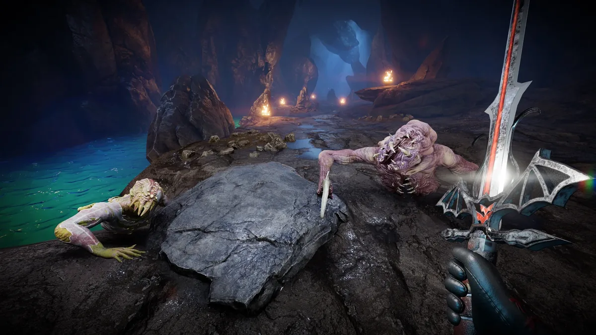 Vireth's bat-winged sword raised in a cave beside underground water as pale creatures crawl over the rocks