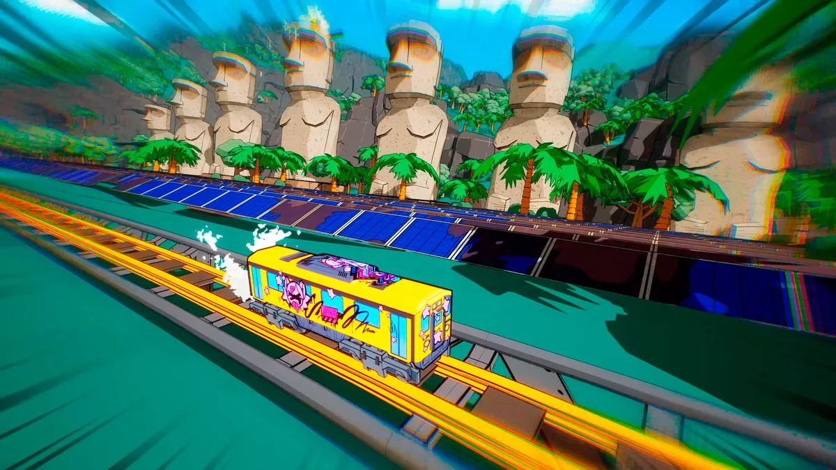 Custom train passing a row of giant Moai-style stone head statues surrounded by palm trees and solar panels
