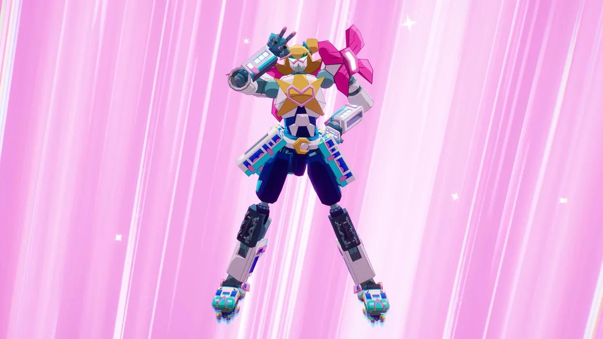 Pink and white robotic mecha figure striking a victory pose with sparkle effects against a pink beam background