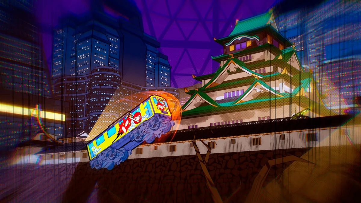 Custom train grinding toward a green-roofed multi-tier Japanese castle at night, city skyscrapers visible behind it under a purple sky