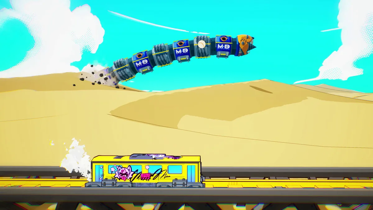 A giant segmented train boss branded M.D Miraido with a baseball-shaped head arcing over desert dunes above a small yellow train