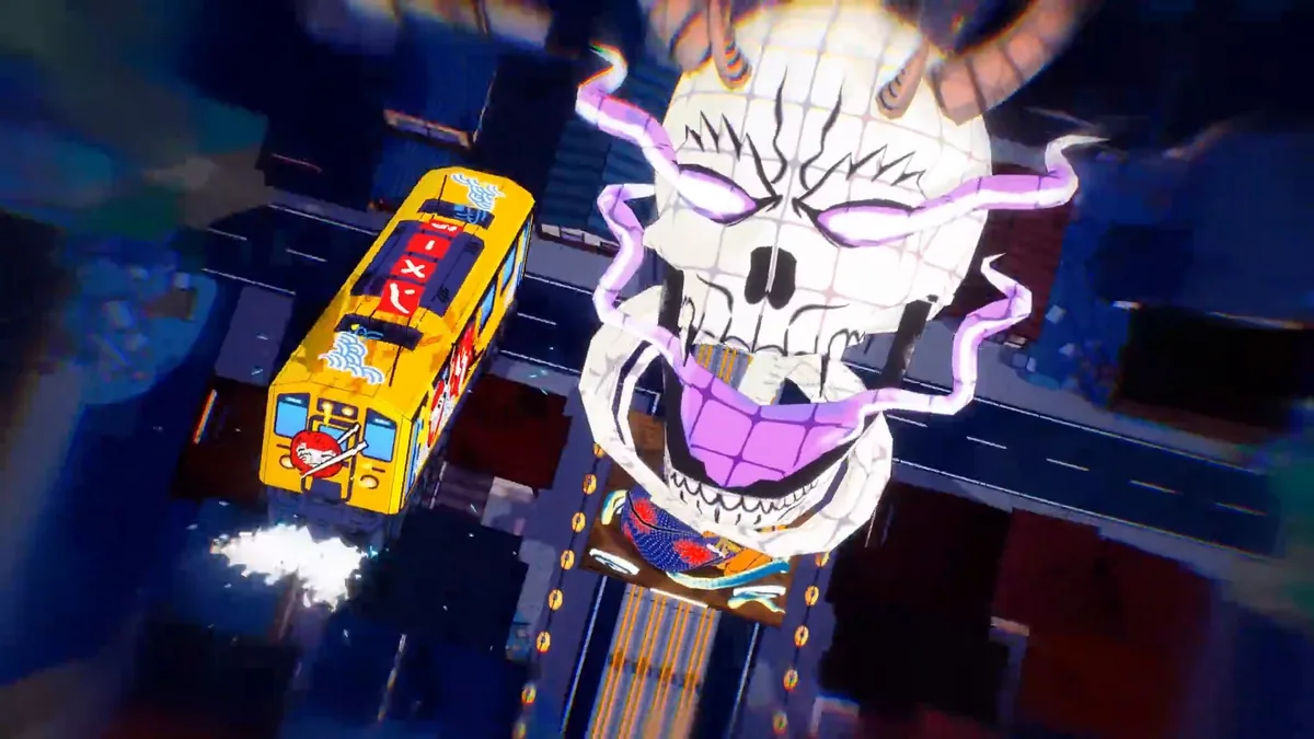 Custom train riding toward a giant ghostly skull-shaped entity with glowing purple markings looming over a city street