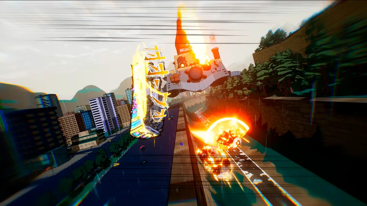 Custom train speeding past a burning, collapsing neon signage tower on a rain-soaked elevated track