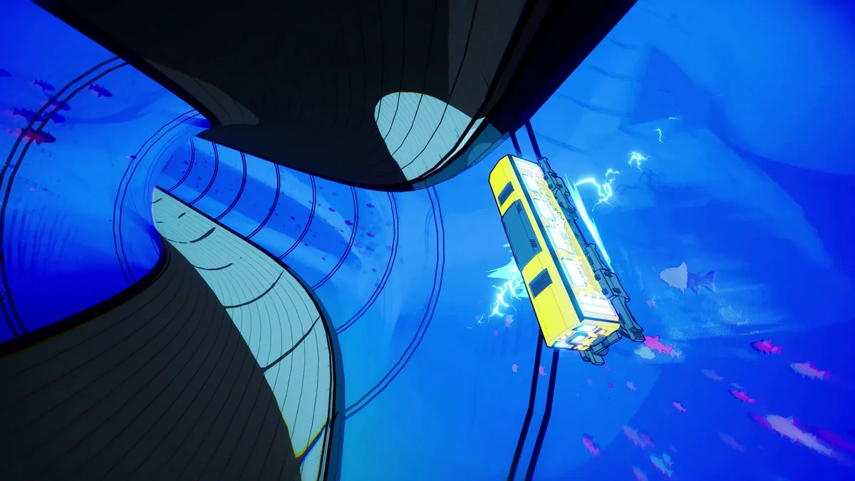 Yellow train speeding through a blue underwater tunnel beside suspended rails