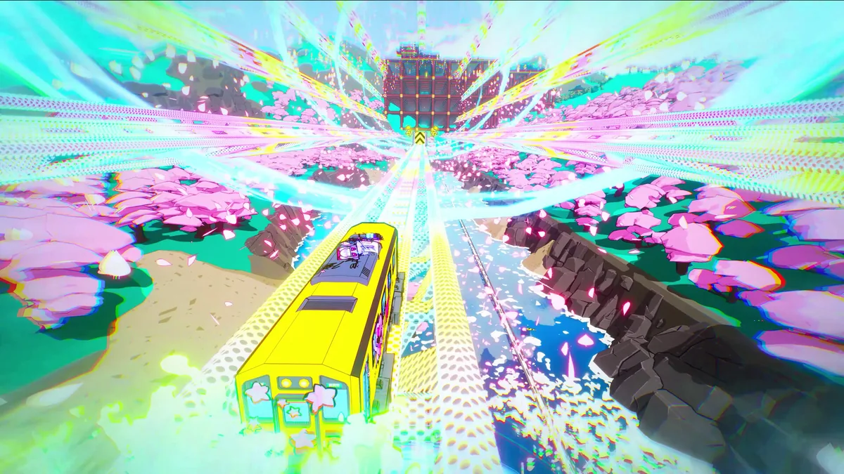 Yellow train entering a bright rainbow track above a cherry blossom valley