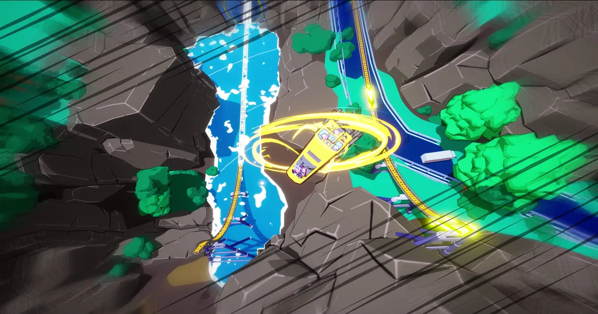 Denshattack bright neon Japanese cityscape with a customized train performing a grind trick across elevated rails at sunset