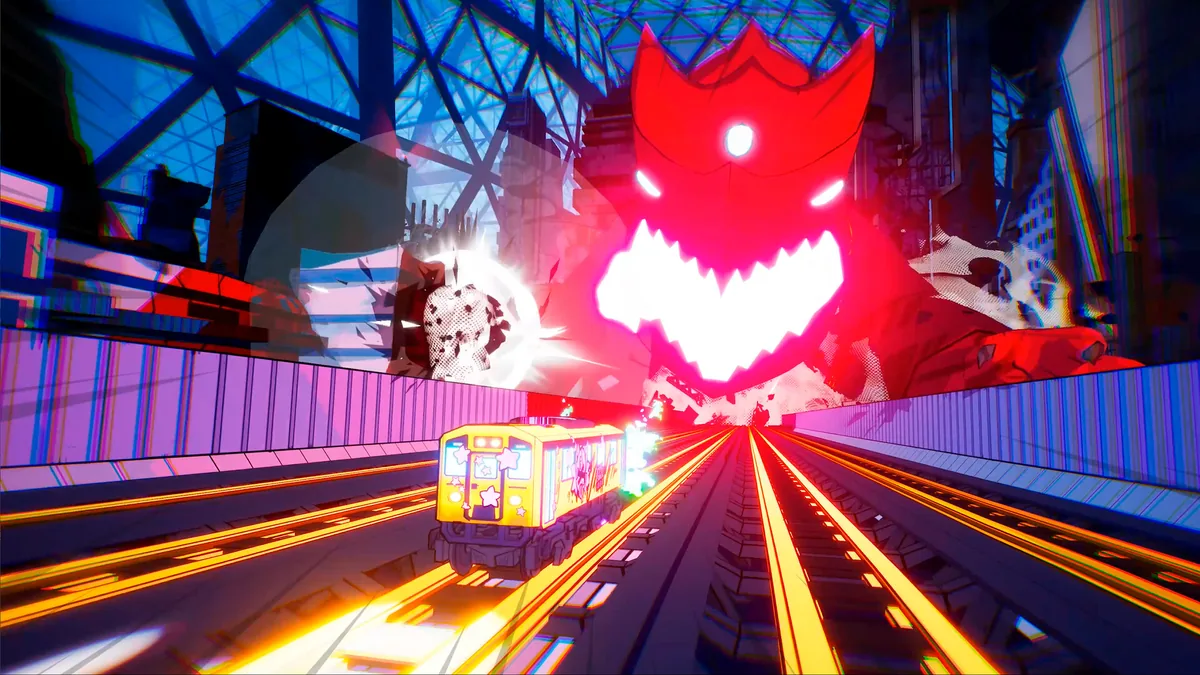 Denshattack train racing through a glass-domed city tunnel as a giant screaming red boss face looms overhead