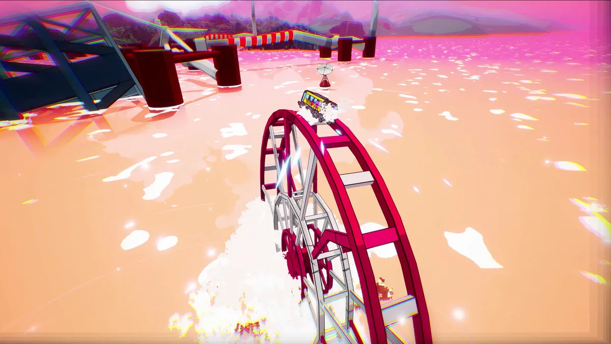 Denshattack train launching off a pink loop track above a surreal orange and magenta ocean