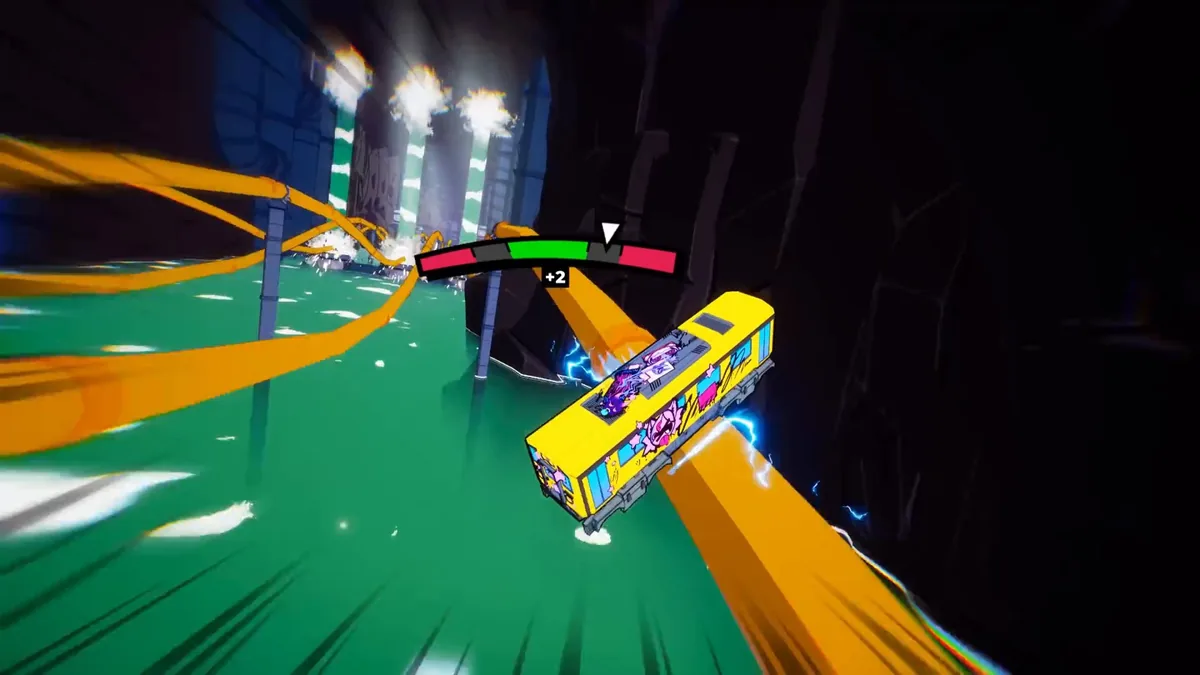 Denshattack trick-timing HUD bar showing a green success zone, a white marker, and a plus-2 score popup above a mid-air train