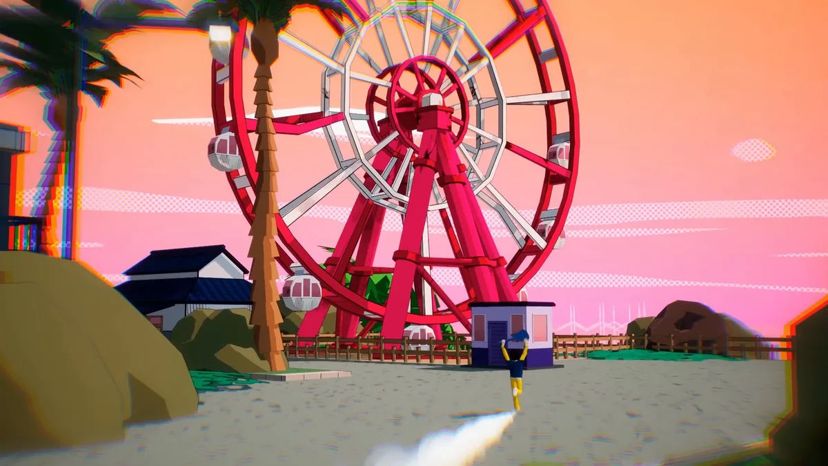 Emi running toward a large red Ferris wheel on a sandy beach at sunset with palm trees and a ticket booth in frame