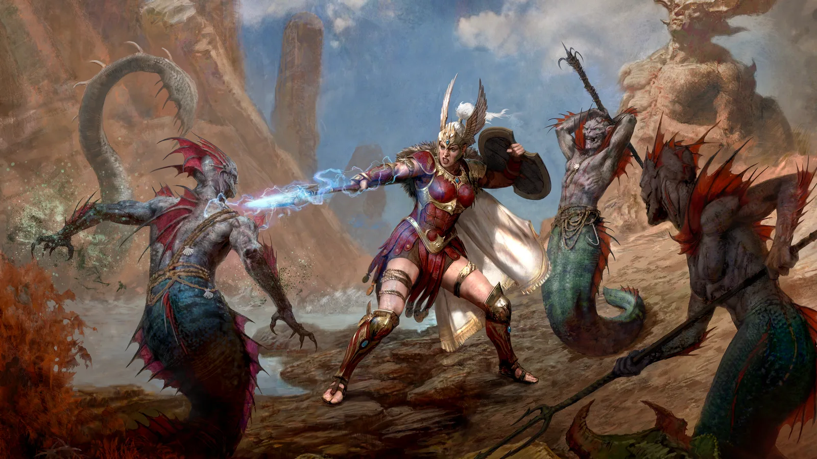 Diablo IV Amazon key art: a warrior woman in a winged helmet hurls a lightning javelin at scaled sea creatures on a desert cliff