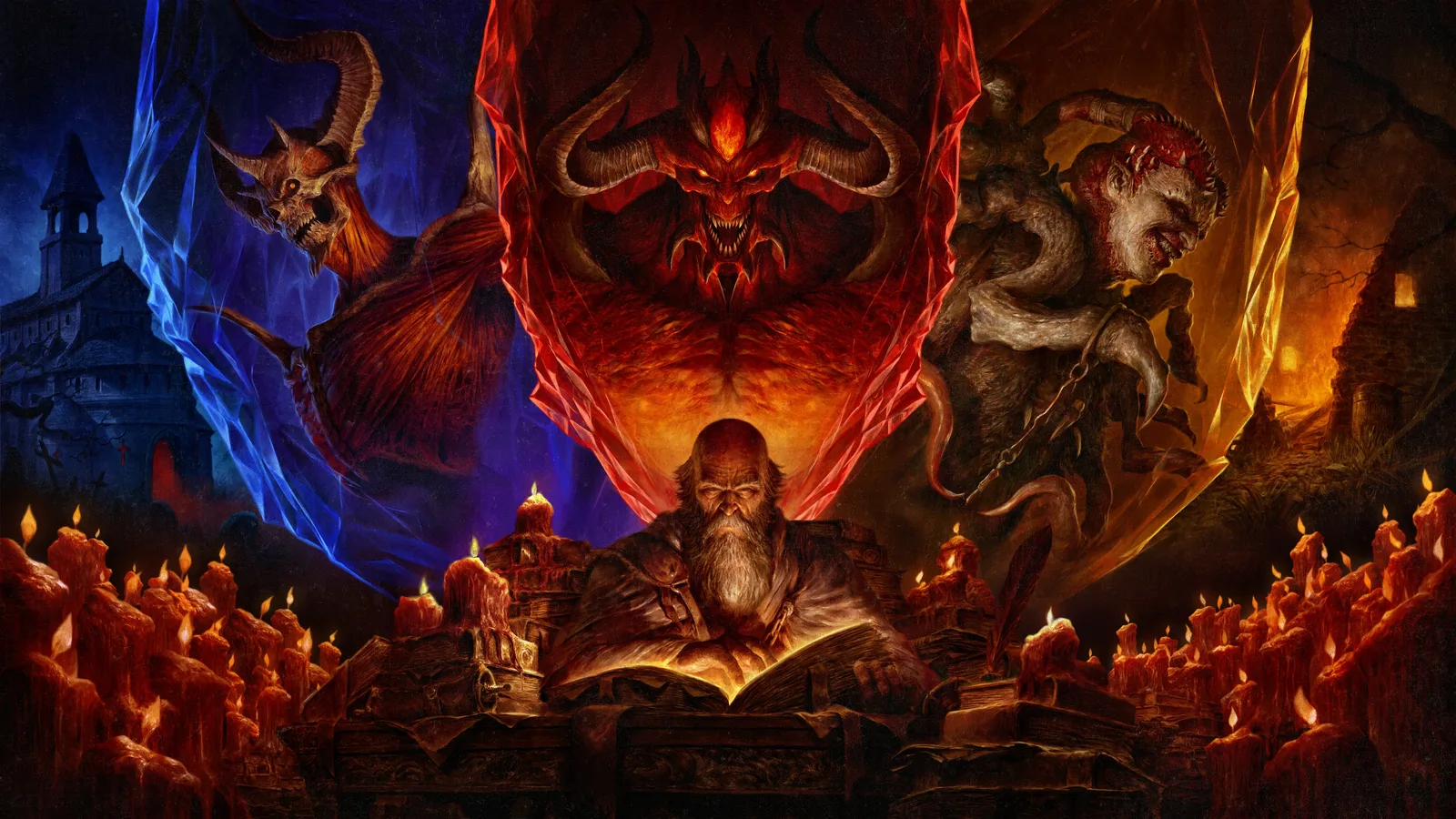 Season of Hell's Legacy key art: an old scholar reads a book among candles while three horned demons loom behind in red, blue and orange light
