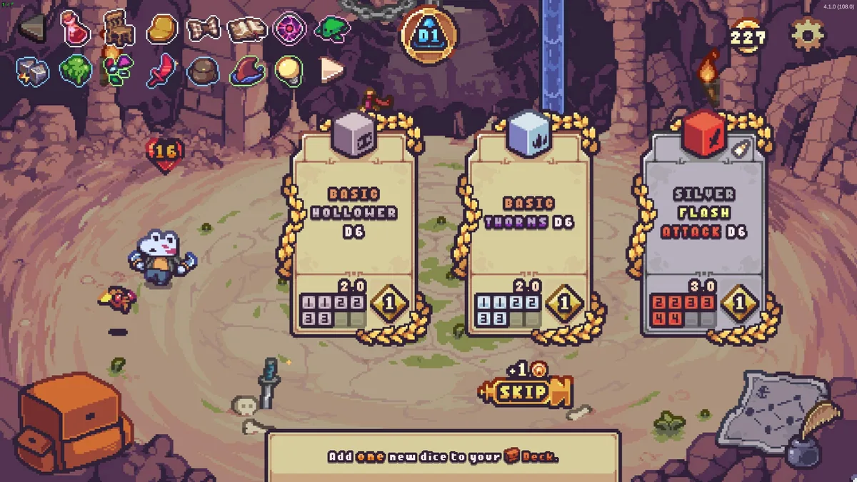 Die in the Dungeon board view with frog warrior facing a boss floor, three dice rolled showing attack, reroll, and poison faces