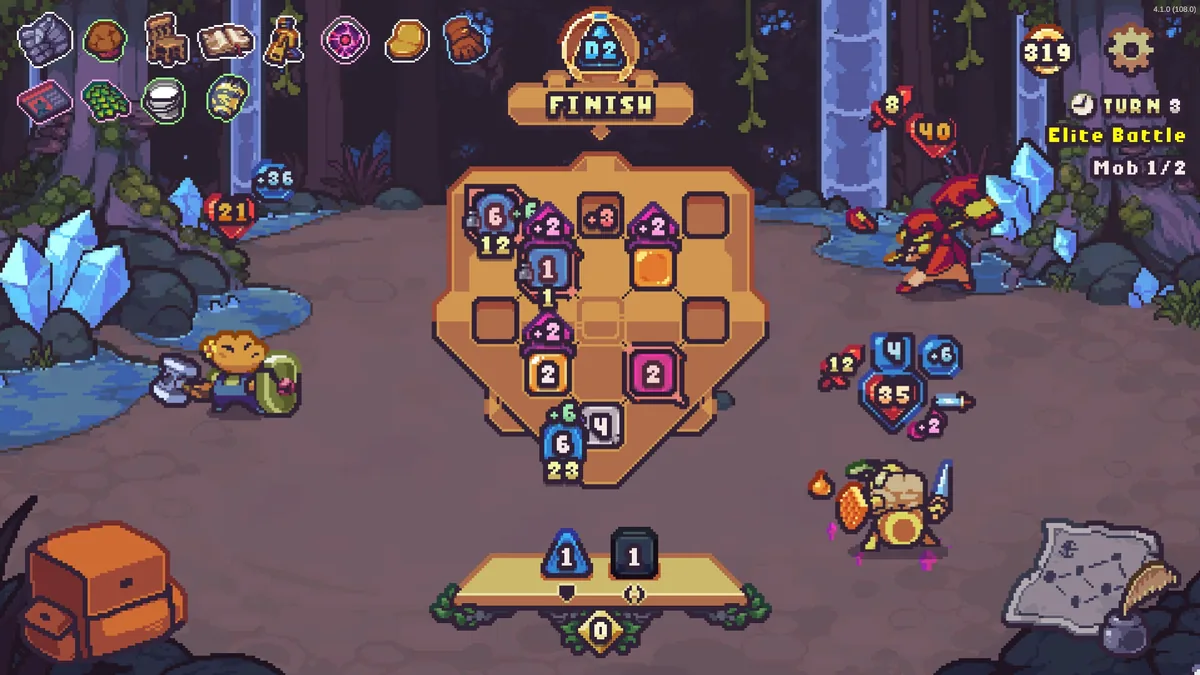 Die in the Dungeon Elite Battle screen in a crystal-lined forest, showing the dice-grid combat board, turn counter, and Mob 1/2 indicator