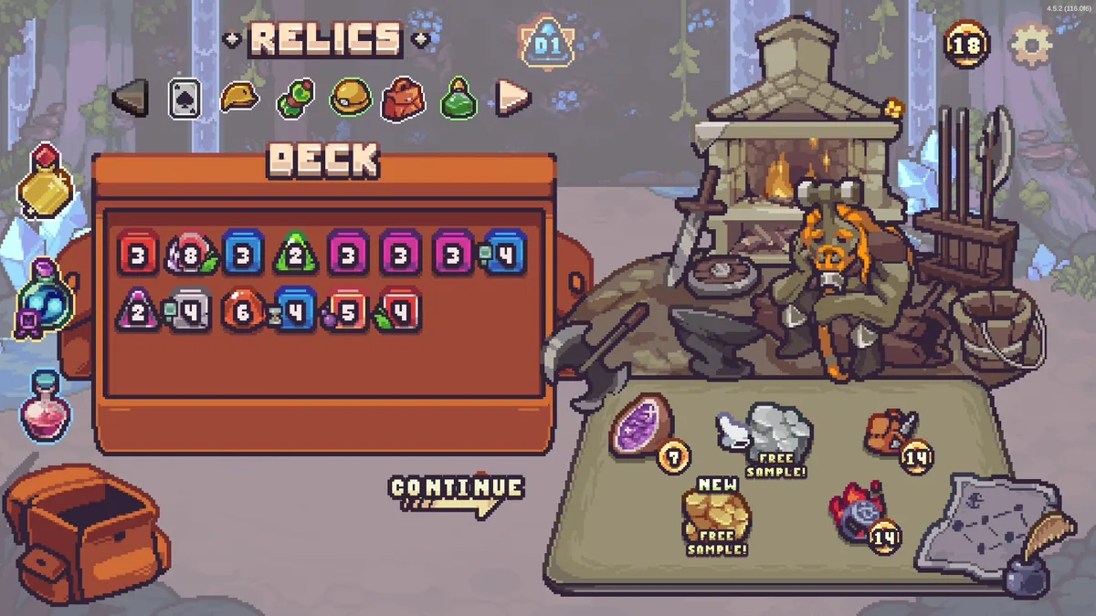 Die in the Dungeon Relics and Deck screen at a forest campsite, showing collected relic icons and the player's current dice deck