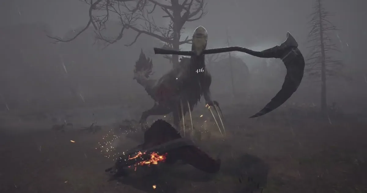 Spinosaurus dueling a huge scythe-wielding dinosaur boss in gray rain with damage numbers above the fight