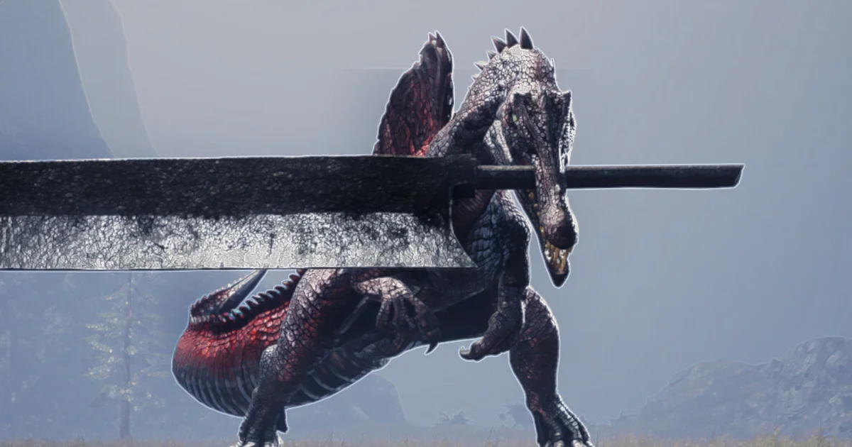Dinoblade Spinosaurus crouched behind a colossal great sword above a hazy prehistoric valley